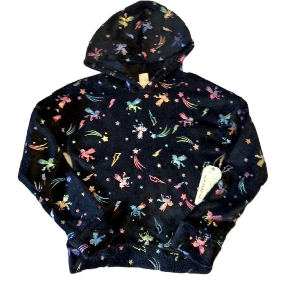 Girls Black Fleece Unicorn Sweatshirt hoodie Large NWT
